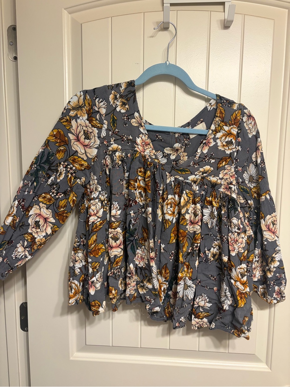 Altar'd State Floral Peasant Blouse - Gray with Mustard & Pink
